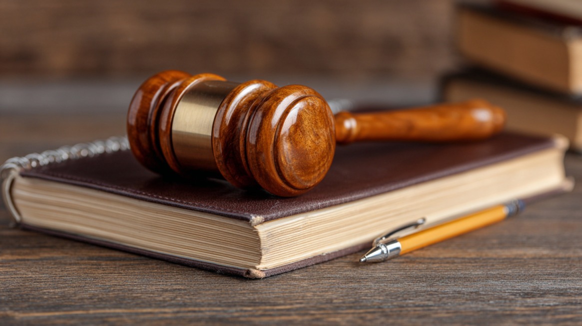 Judge’s gavel resting on a closed book with a pen, symbolizing the legal process of withdrawing from school in Florida