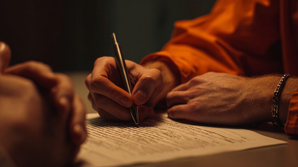 Close-up of a person in an orange prison uniform signing legal documents, symbolizing probation conditions that may include wearing a SCRAM bracelet