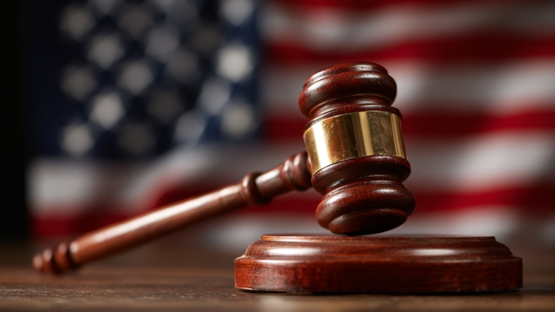 A wooden judge’s gavel rests on a block with the American flag in the background