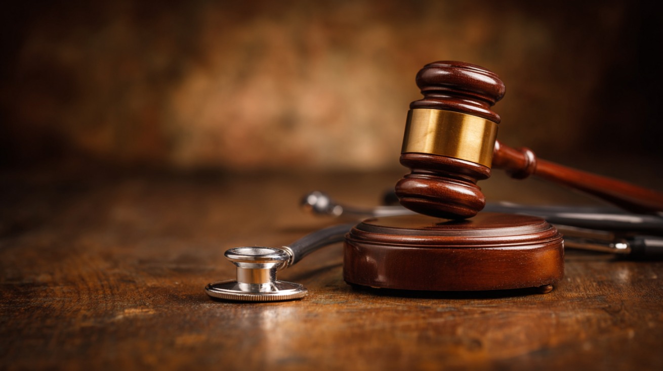 A judge’s gavel and a stethoscope placed together on a wooden table, symbolizing legal action in medical billing disputes
