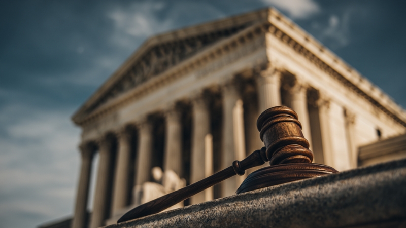 A judge’s gavel lies outside a courthouse, representing the 2025 Amazon vs. New York labor law case