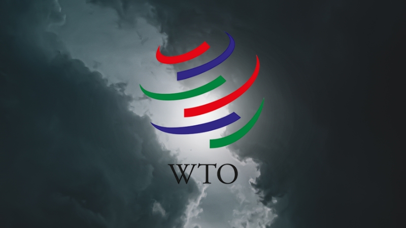 WTO logo against stormy clouds