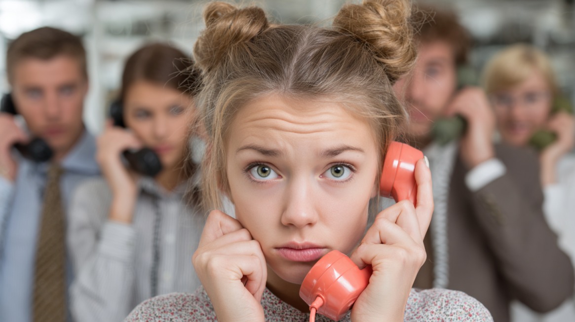 Worried woman holding two phones to her ears while people in the background also talk on phones