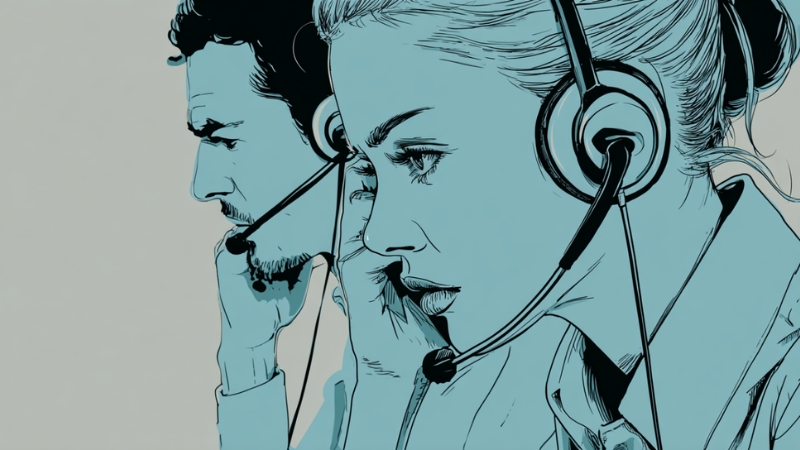 Two call center agents wearing headsets focus on conversations with overseas victims of fraud