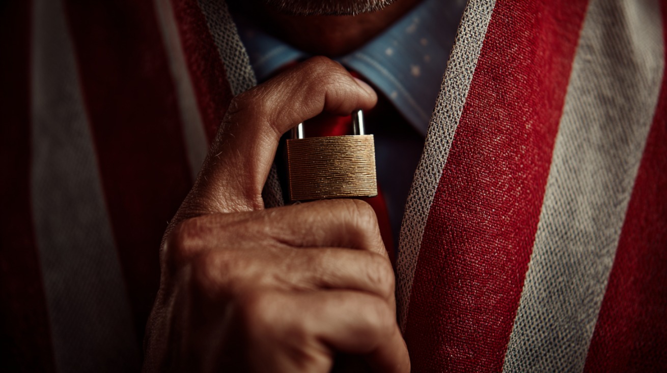 A close-up of a person adjusting a tie secured with a padlock, symbolizing protection and regulation under the U.S. flag