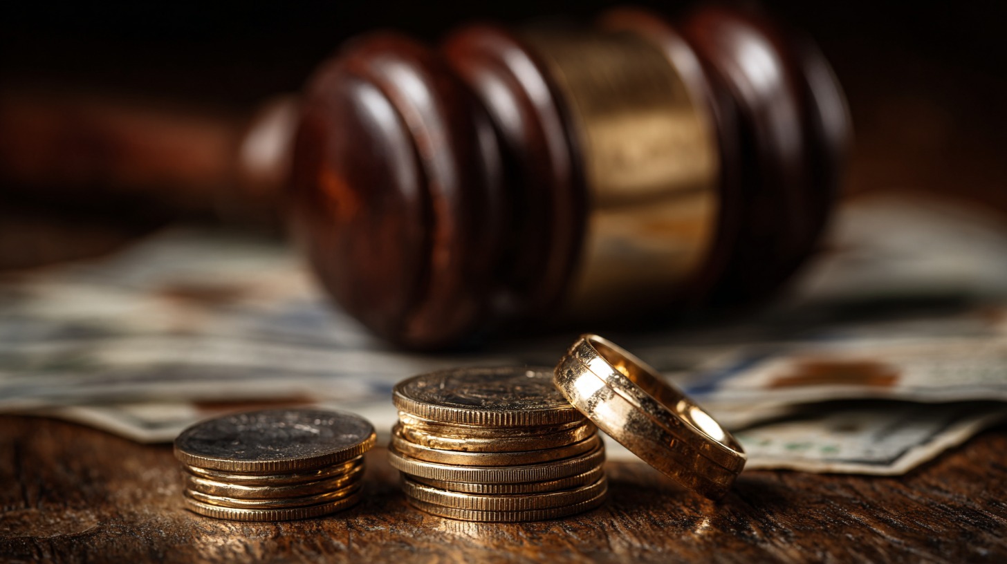 Gold rings and coins with a judge’s gavel, representing divorce costs and legal fees