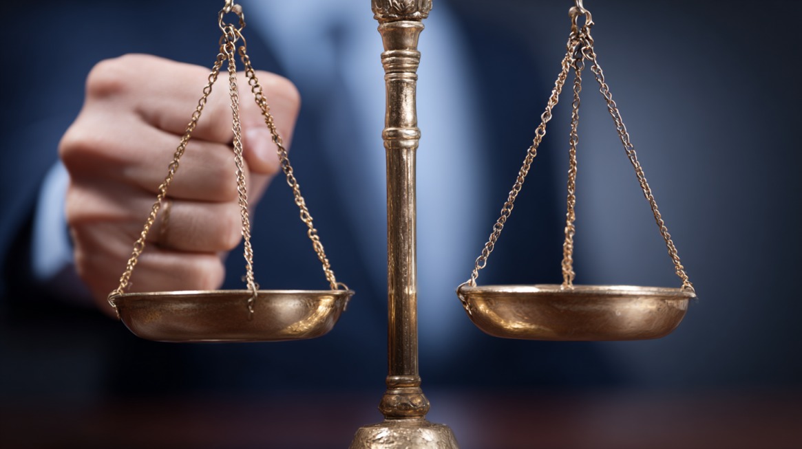 Close-up of a hand holding a set of brass balance scales
