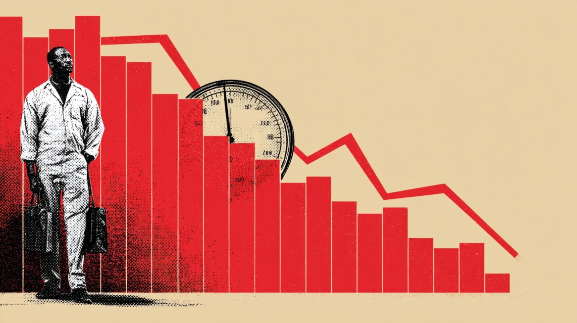 Illustration of a worker beside declining bar charts and a timer