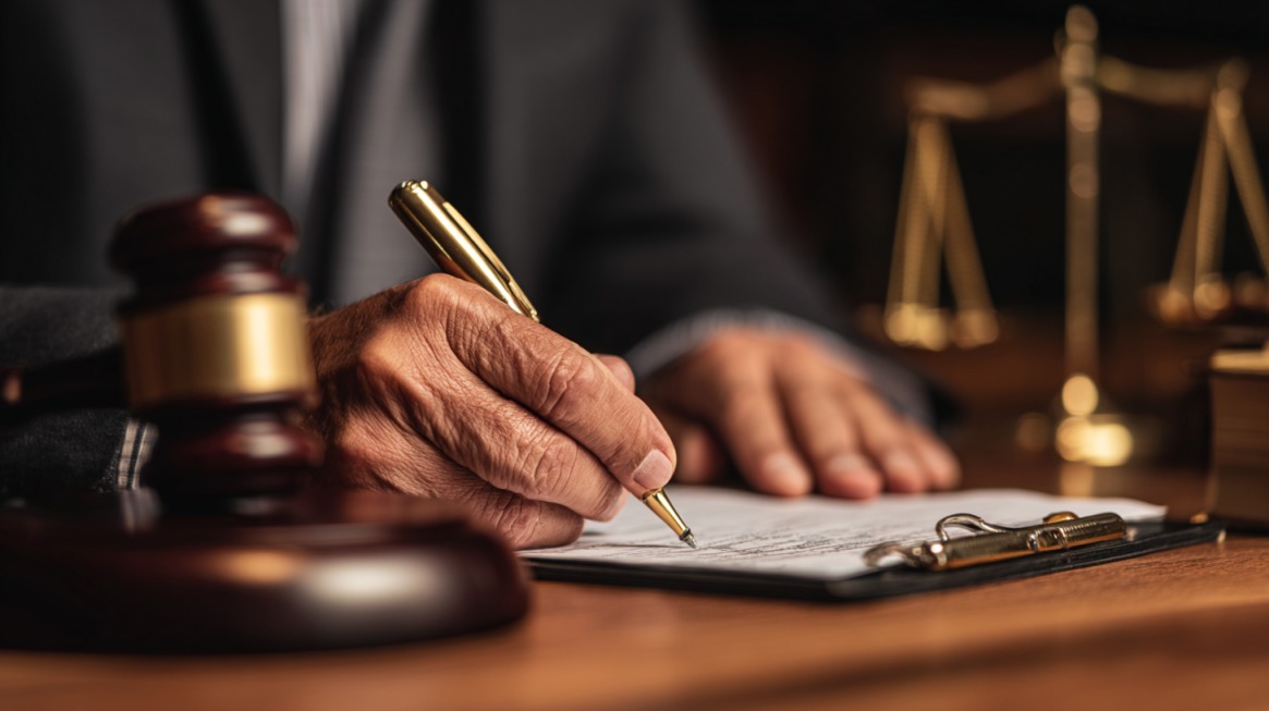 Close-up of a hand signing papers next to a gavel and justice scales