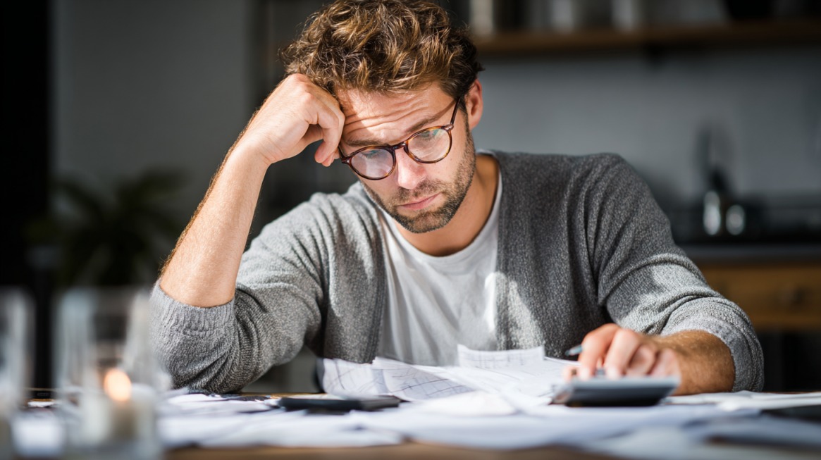 Man reviewing financial documents with stacks of coins and a calculator on the table