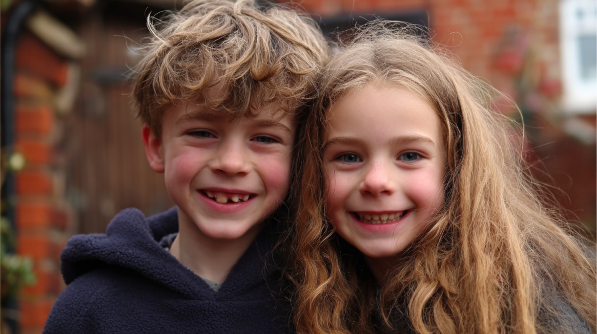 Two siblings smiling together outdoors