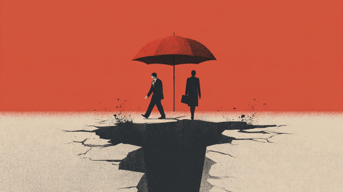 Two business figures walking on fractured ground beneath a large red umbrella