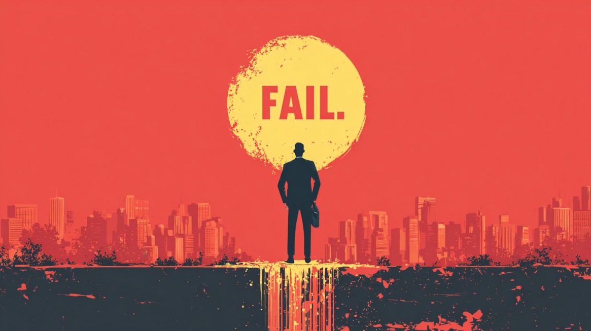 Silhouette of a person standing before a city skyline with the word FAIL inside a large sun