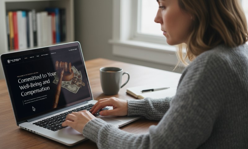 Woman focused on a laptop, looking at a lawyer's website