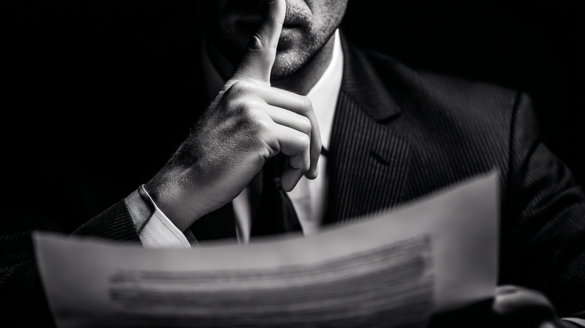 Man in suit reading a document with finger resting on his lips in a dark setting