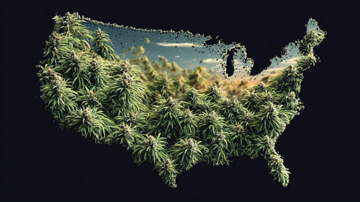 Artistic depiction of the US map filled with cannabis plants against a dark background
