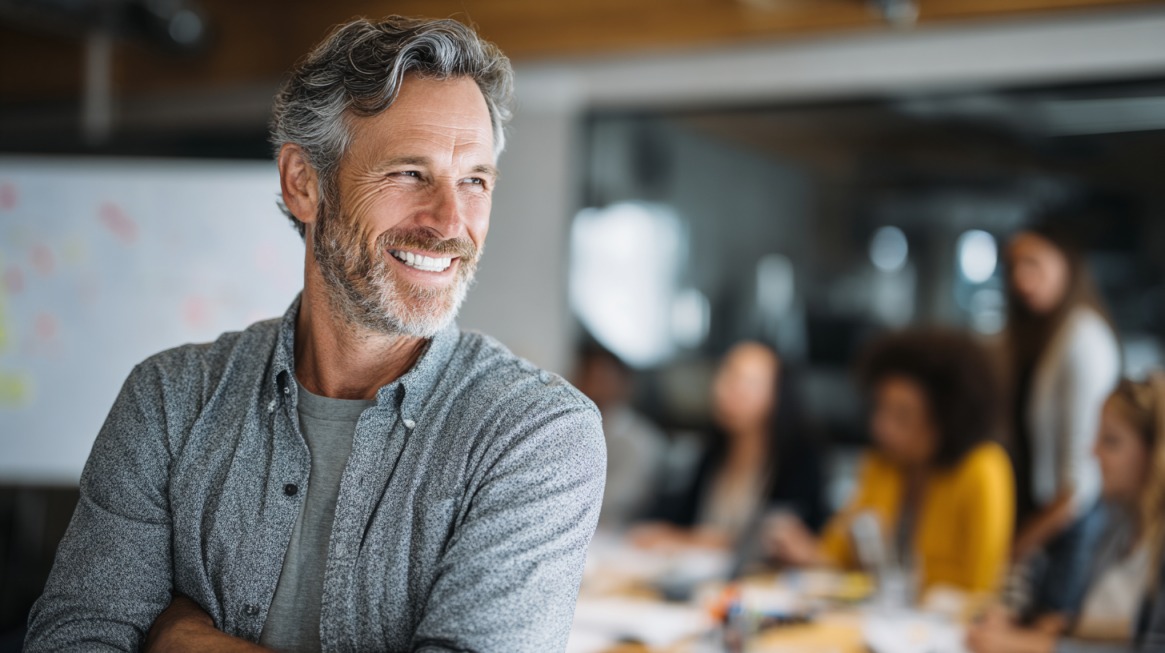 Middle-aged man smiling with a team working in the blurred background