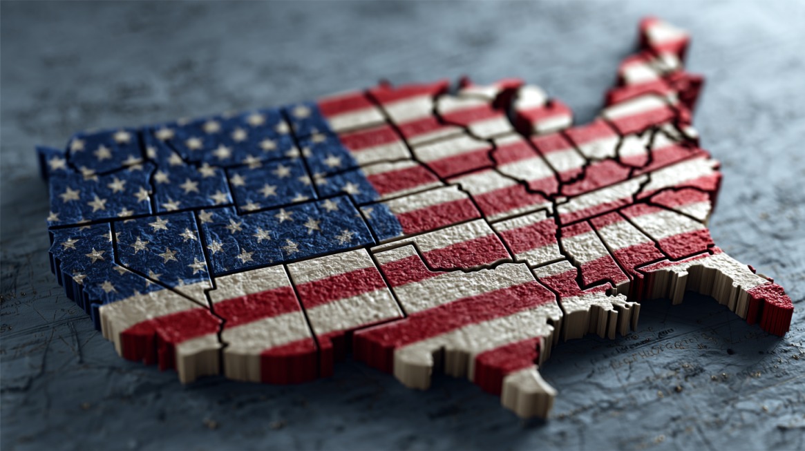 USA map puzzle painted with the American flag, showing individual state divisions