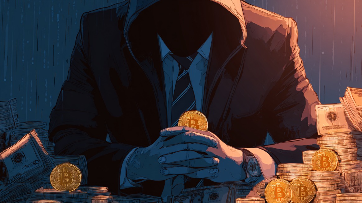 Illustration of a hooded figure holding a bitcoin amid stacks of cash