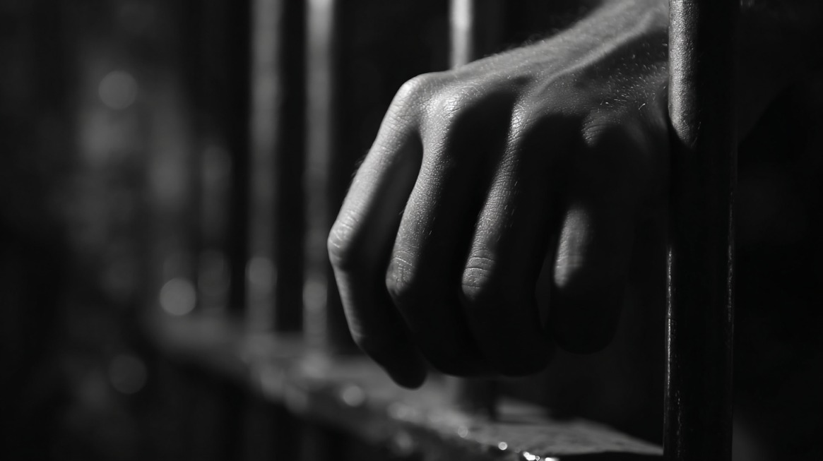 Close up of a hand gripping metal jail bars in a dark setting