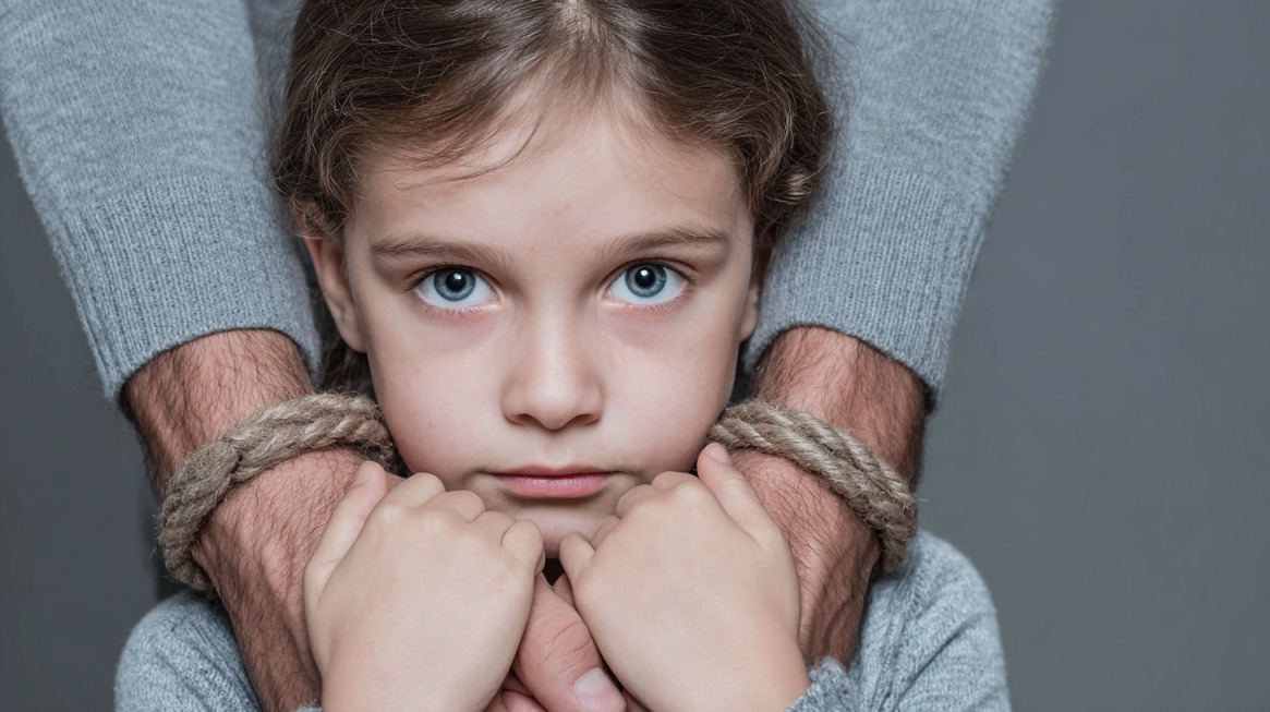 Close-up of a child holding onto an adult’s arms wrapped gently around them