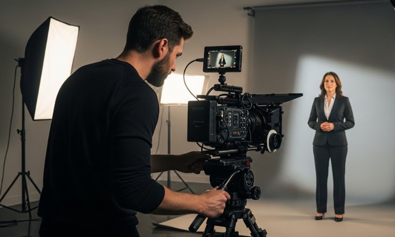 A man in a suit films a woman in a studio setting