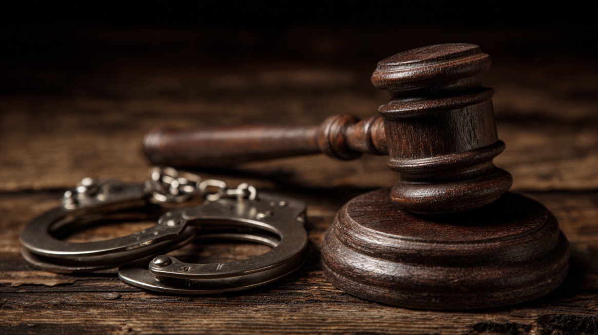 Wooden judge gavel and metal handcuffs resting on a wooden table