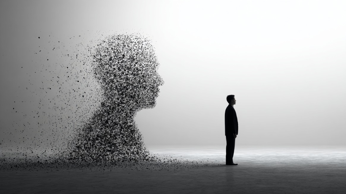 Silhouette of a man facing a dissolving human figure in a minimalist scene