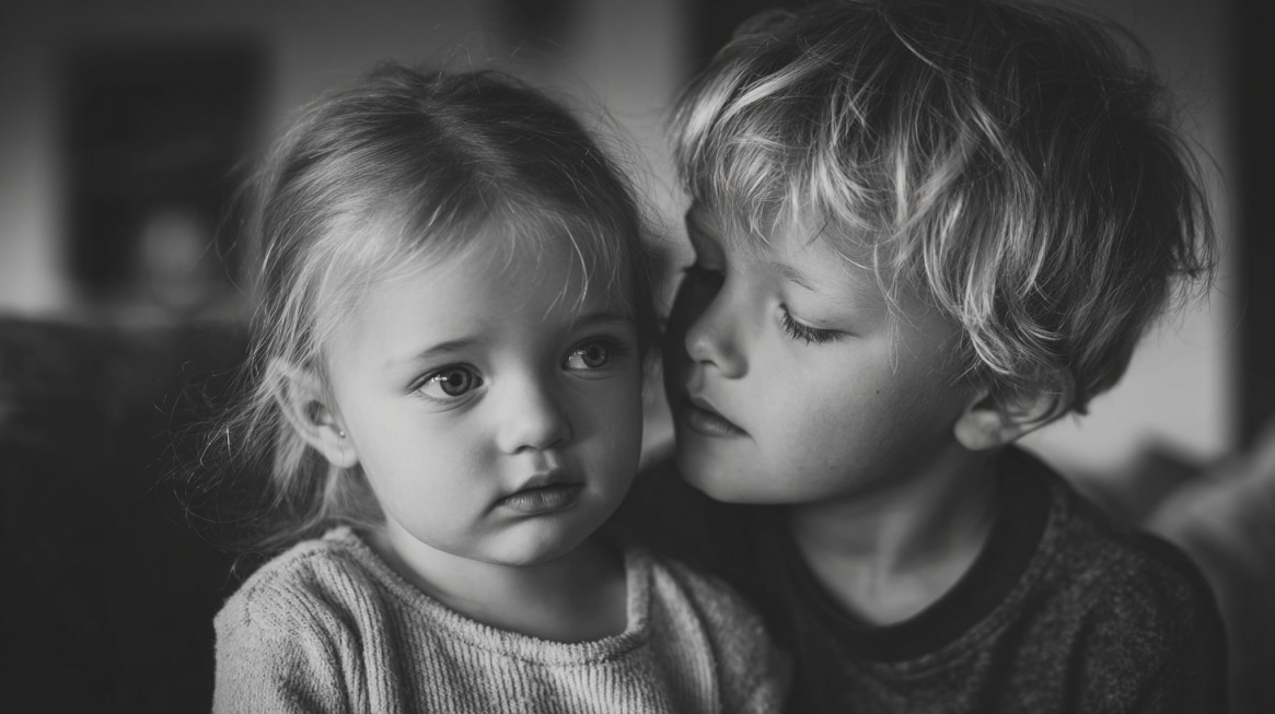 An older child leaning close to a younger sibling indoors