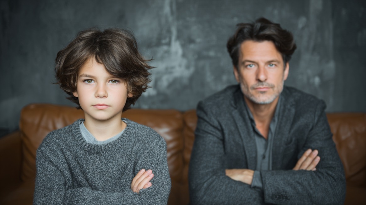 Young boy and adult man sitting with arms crossed on a couch, facing the camera