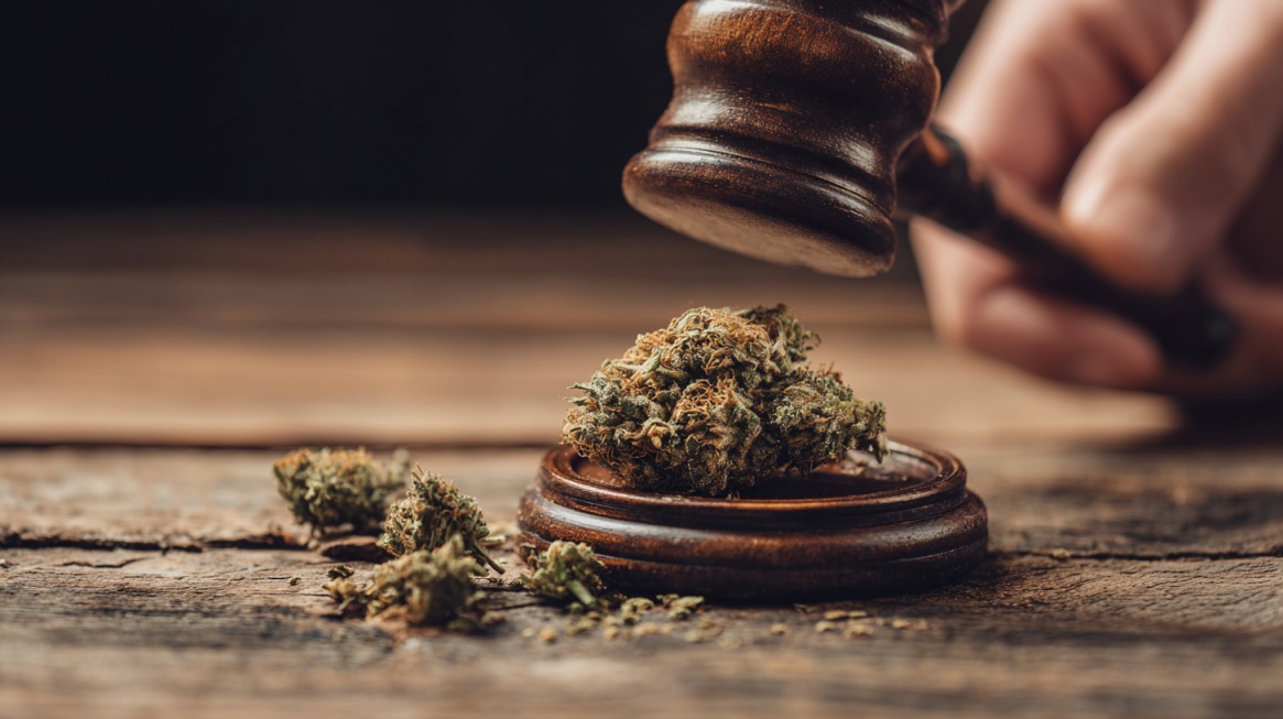 Gavel striking near cannabis buds placed on a wooden surface