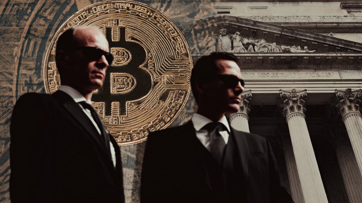 Two suited agents stand before a courthouse with a bitcoin symbol behind them