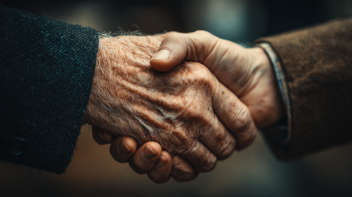 Close up of two people shaking hands, one with an older hand and one with a younger hand