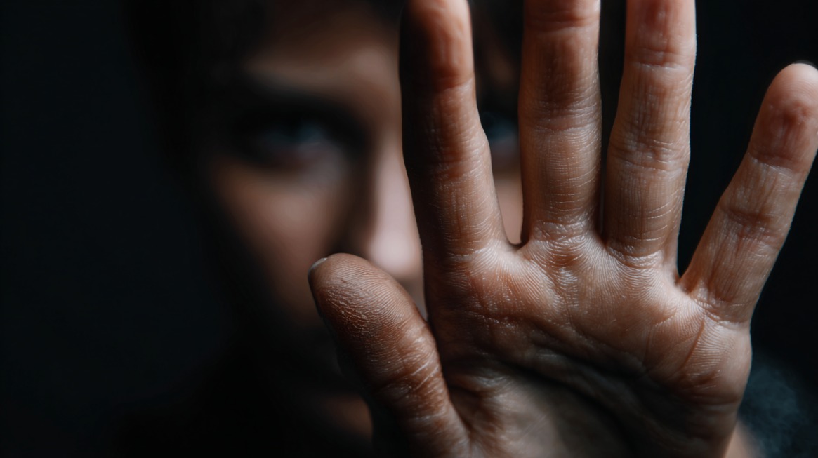 Close up of a person holding their hand up with their face blurred in the background