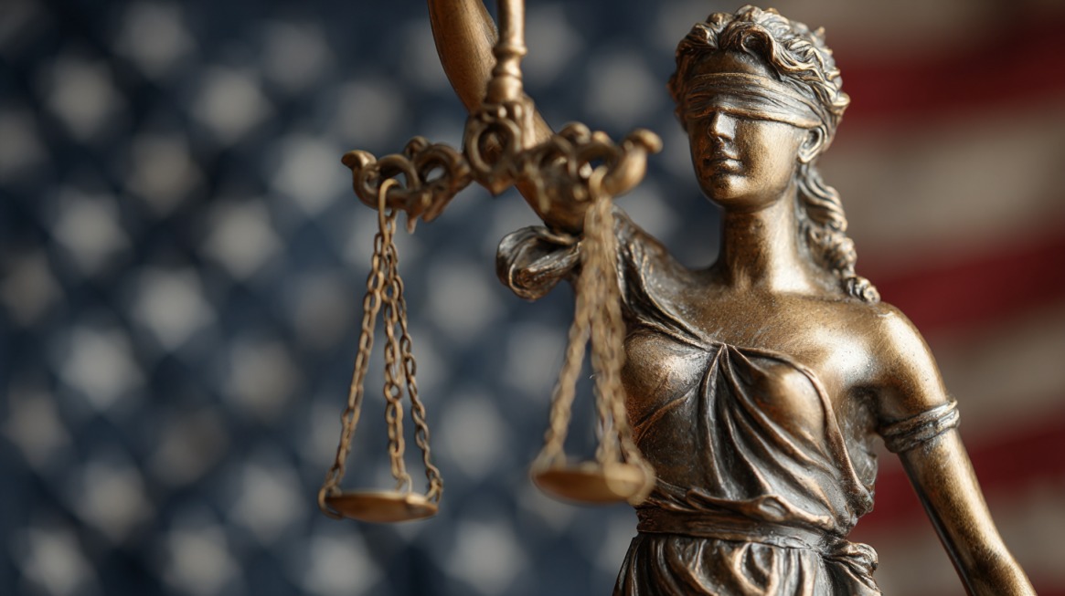 Bronze statue of Lady Justice holding scales with the US flag blurred in the background