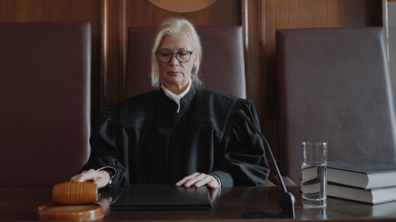 Judge in a courtroom sitting at the bench with a gavel and legal books, illustrating judicial discretion