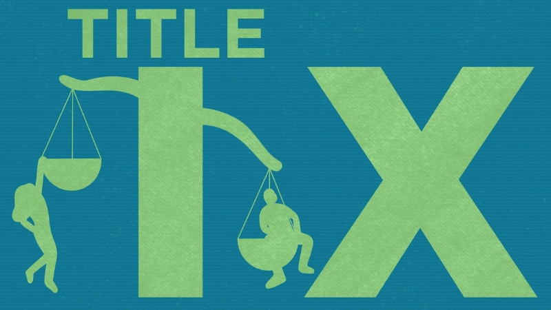 Graphic with large Title IX text and balance scales showing two people