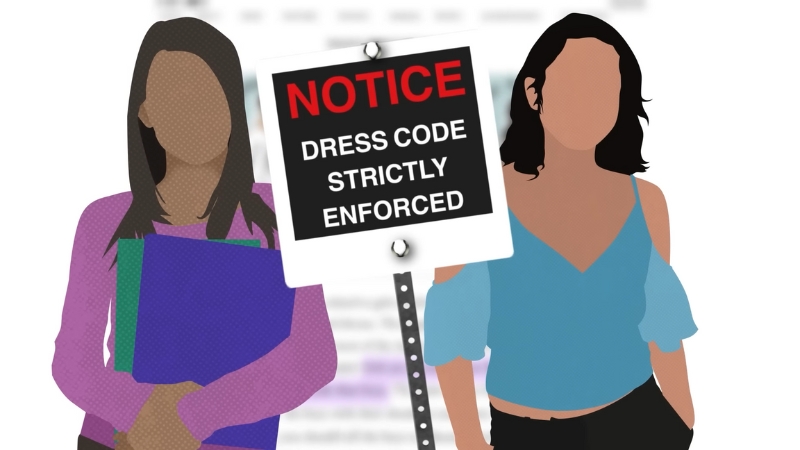 School notice about dress code enforcement next to students, illustrating lawful school dress code rules