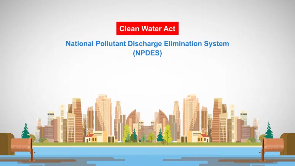 Clean Water Act NPDES graphic showing a city and regulated discharge pipes.